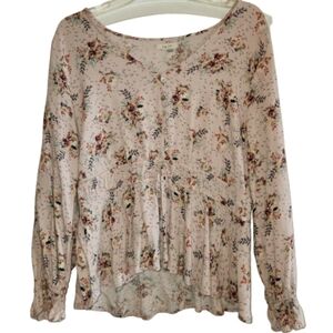 Maurices Floral Pink Babydoll Women's Top Size M Prairie Cottagecore Long Sleeve